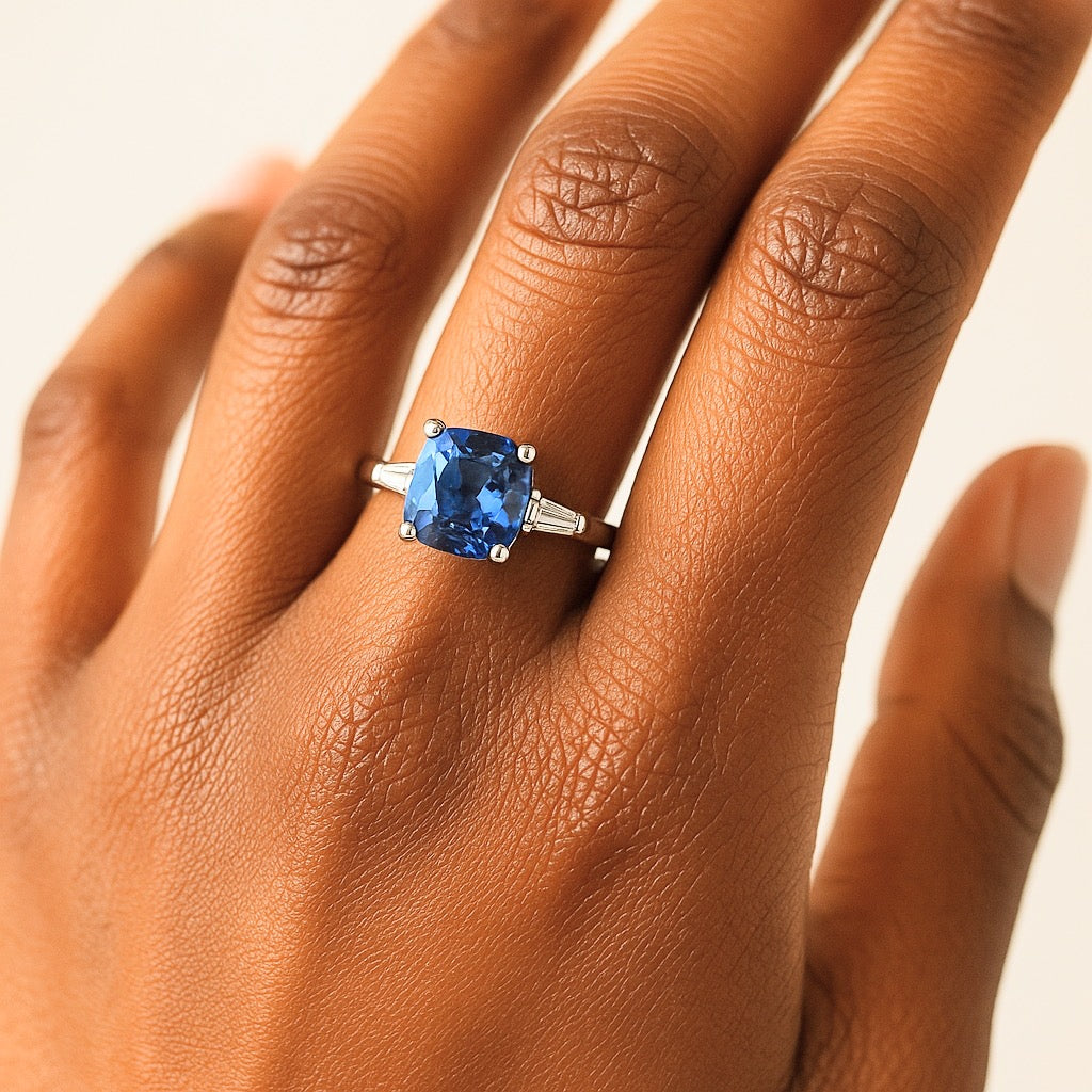 2ct Cushion Natural Blue Sapphire Ring
