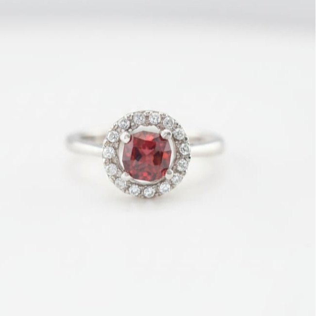 Cushion Cut Red Garnet Halo Ring