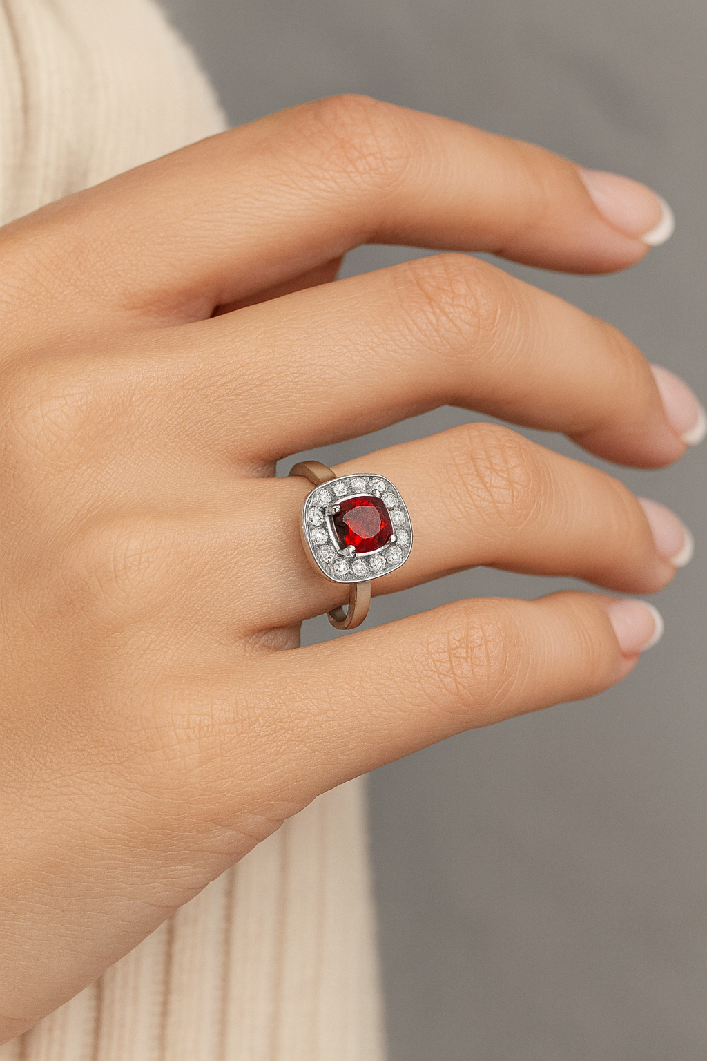 Cushion Red Garnet Halo Ring