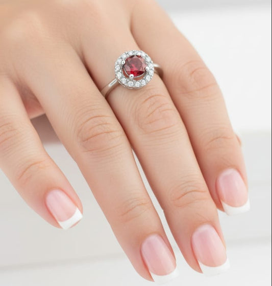 Cushion Cut Red Garnet Halo Ring