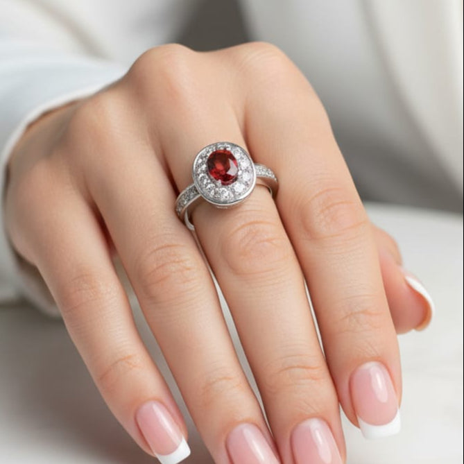 Oval-Cut Garnet Halo Ring – Sterling Silver