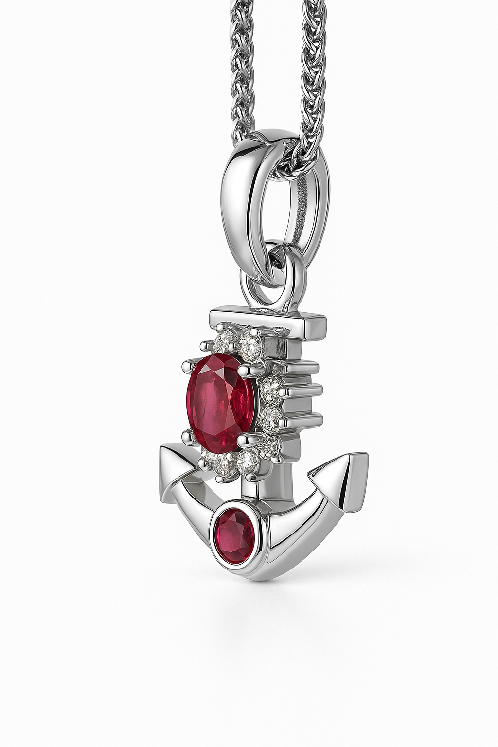 Natural Ruby & Diamond Anchor Pendant Necklace in Platinum Coated Silver - Handmade