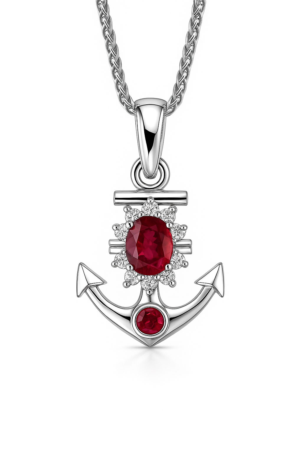 Natural Ruby & Diamond Anchor Pendant Necklace in Platinum Coated Silver - Handmade