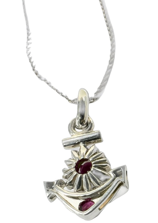 Back view of Natural Ruby & Diamond Anchor Pendant Necklace in Platinum Coated Silver showing ruby inlay and detailed anchor design craftsmanship.