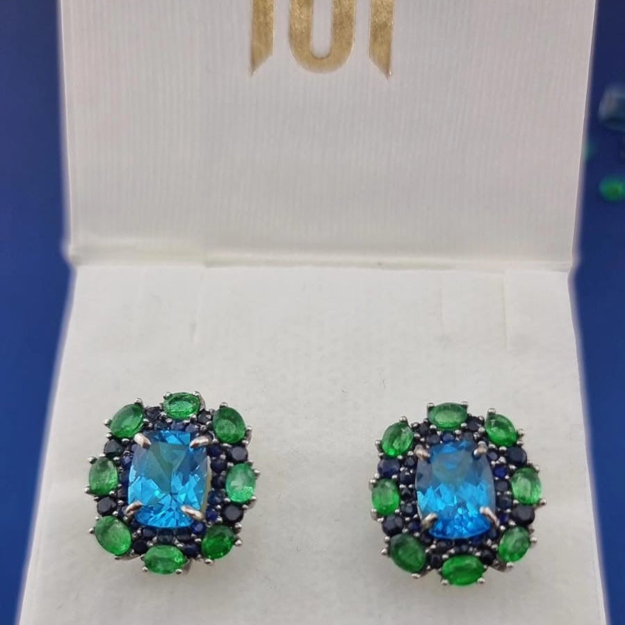 Natural Topaz Emerald & Sapphire Platinum Earrings in branded jewelry box, ideal for luxury gifting or premium accessory collection.