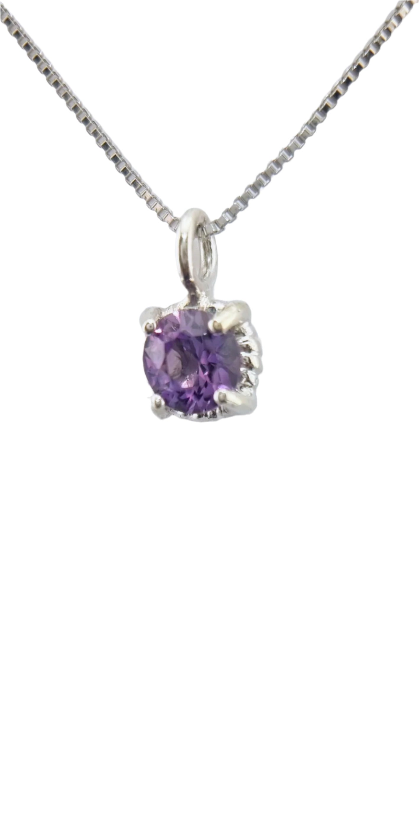 Elegant 6mm Round Amethyst Pendant in Sterling Silver with a twist setting, suspended on a fine Italian chain for a refined look.