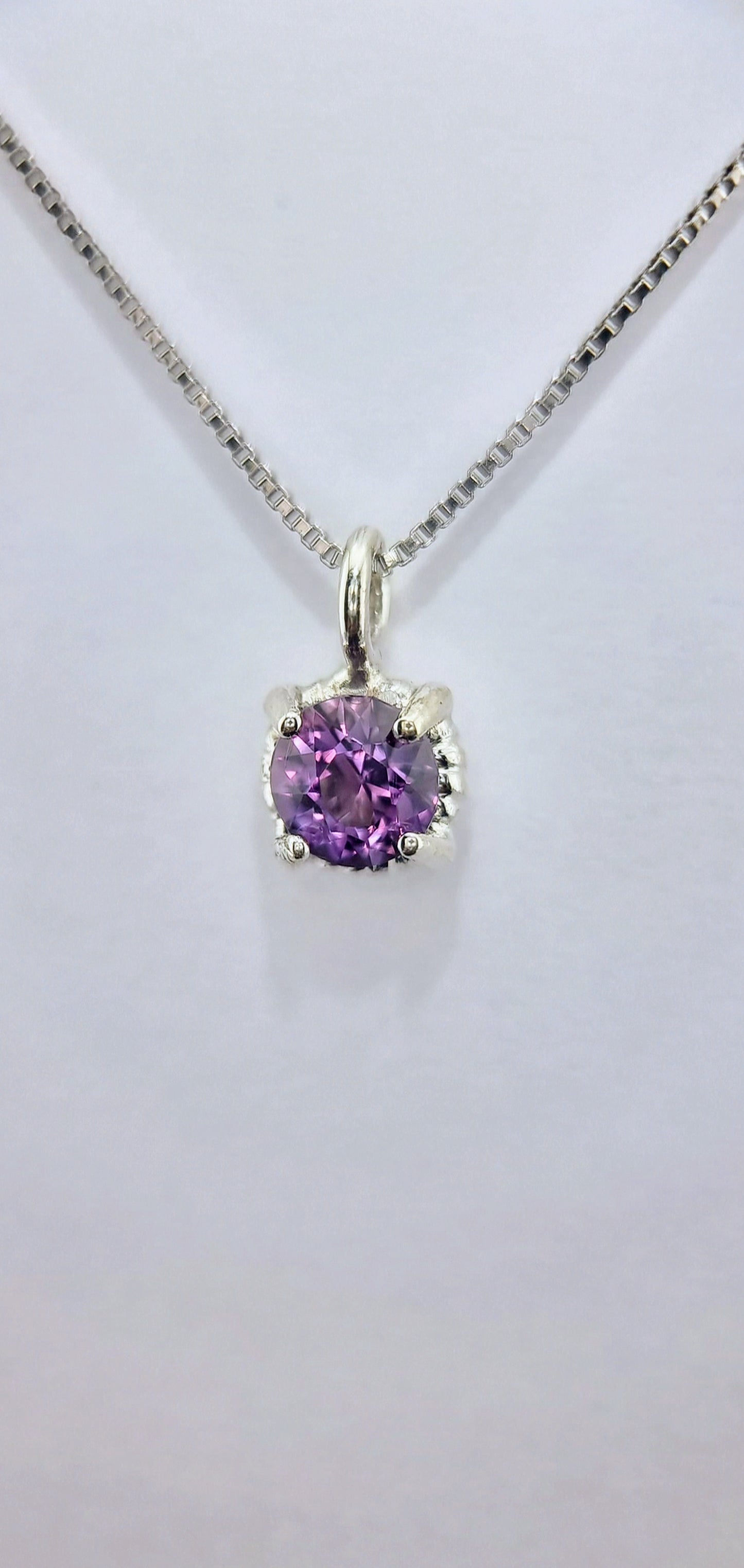 Dainty Amethyst Necklace with a 6mm round gemstone in a sterling silver twist setting, ideal for gifting or everyday elegance.