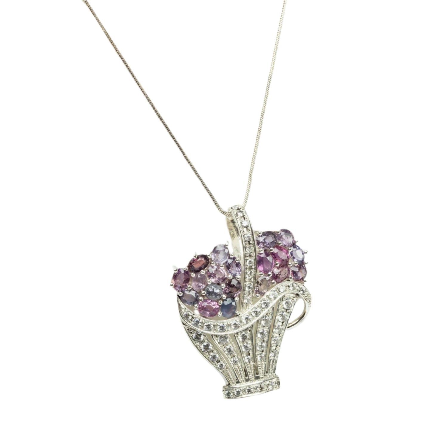 Elegant Pink Sapphire Brooch Pendant on chain, combining natural sapphires and zircon in a floral basket motif for timeless jewelry appeal.