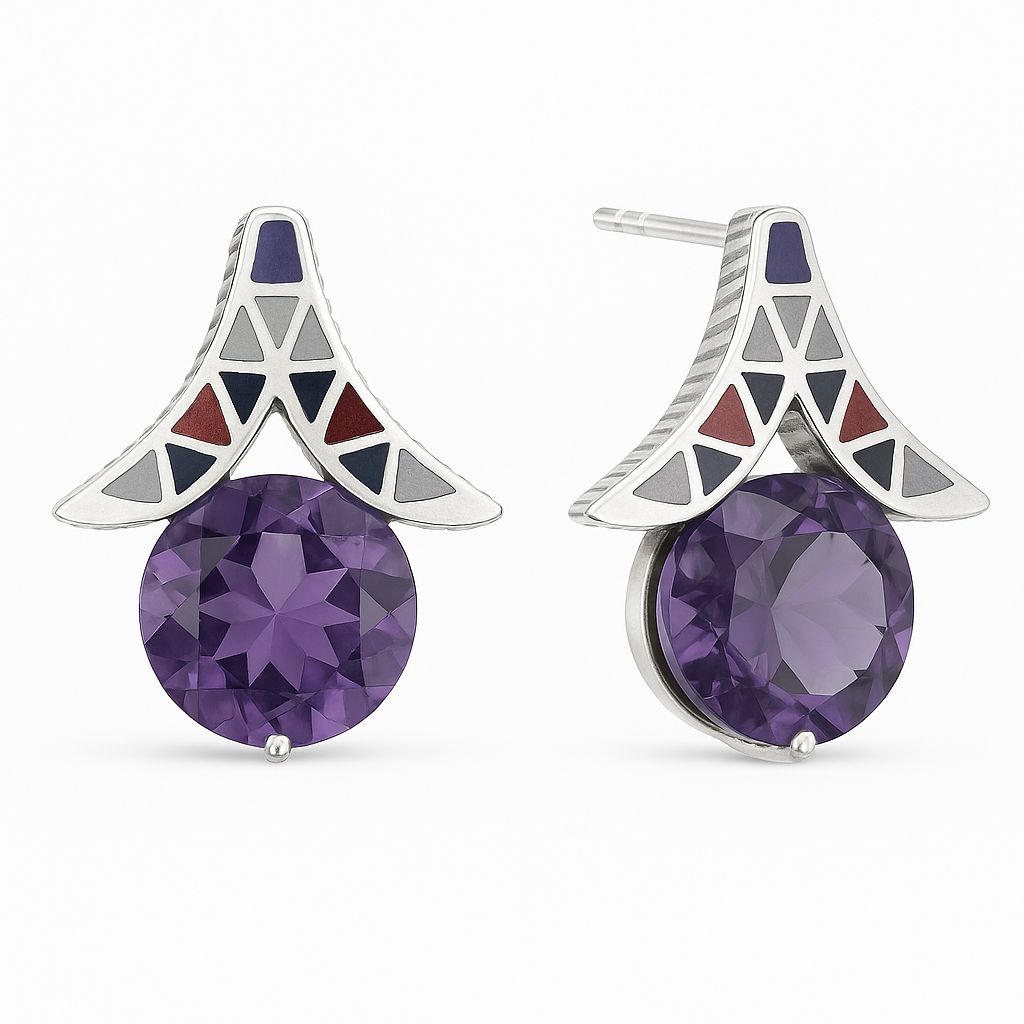 Close-up of handcrafted amethyst silver earrings with geometric resin inlay, highlighting the intricate triangular patterns and polished purple stones.