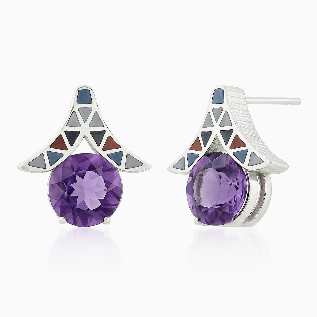 Pair of handcrafted amethyst silver earrings with colorful resin inlay and geometric hut-inspired design, ideal for unique jewelry collections.