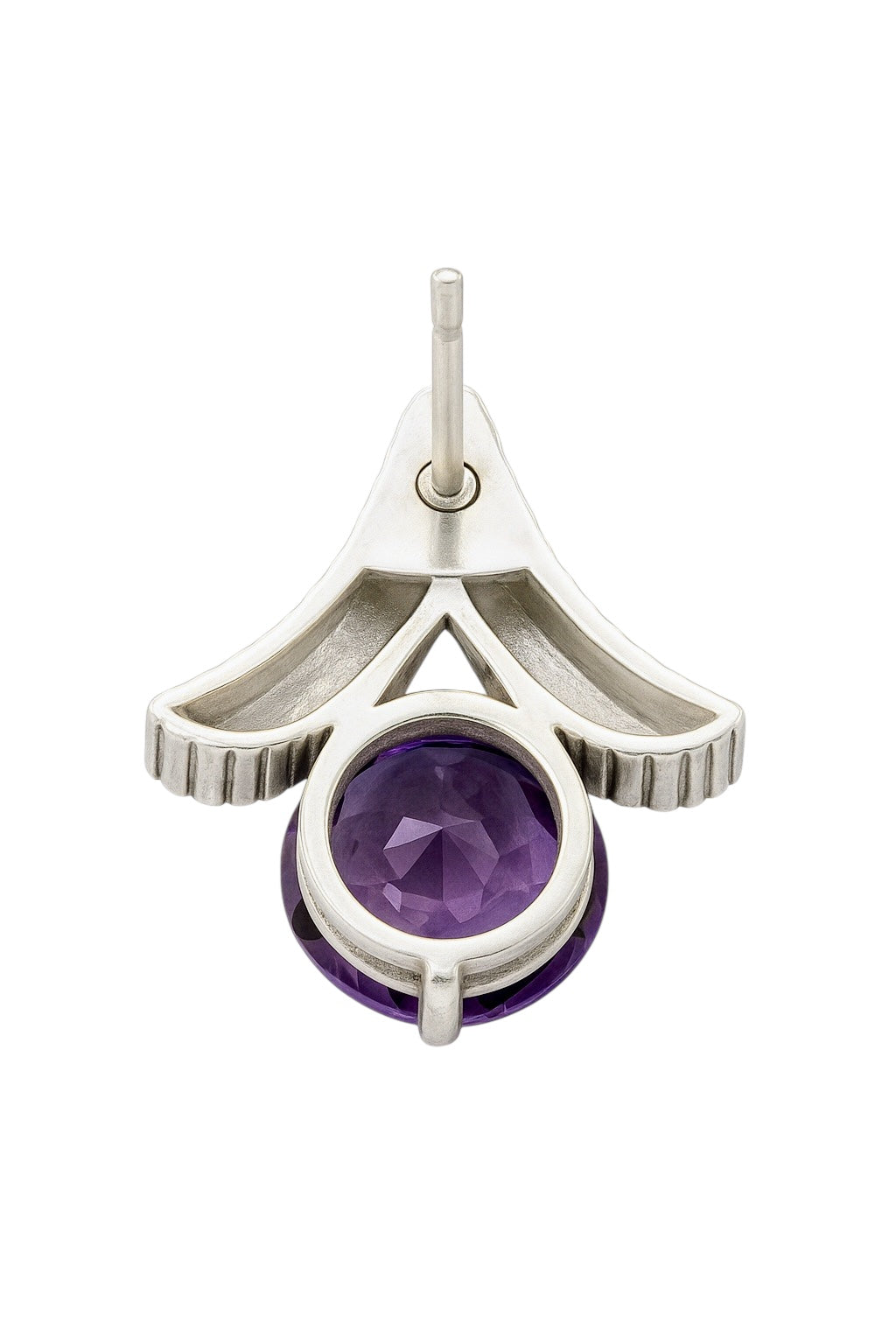 Back view of handcrafted amethyst silver earrings showing sterling silver setting and secure stud post, emphasizing quality craftsmanship and design.