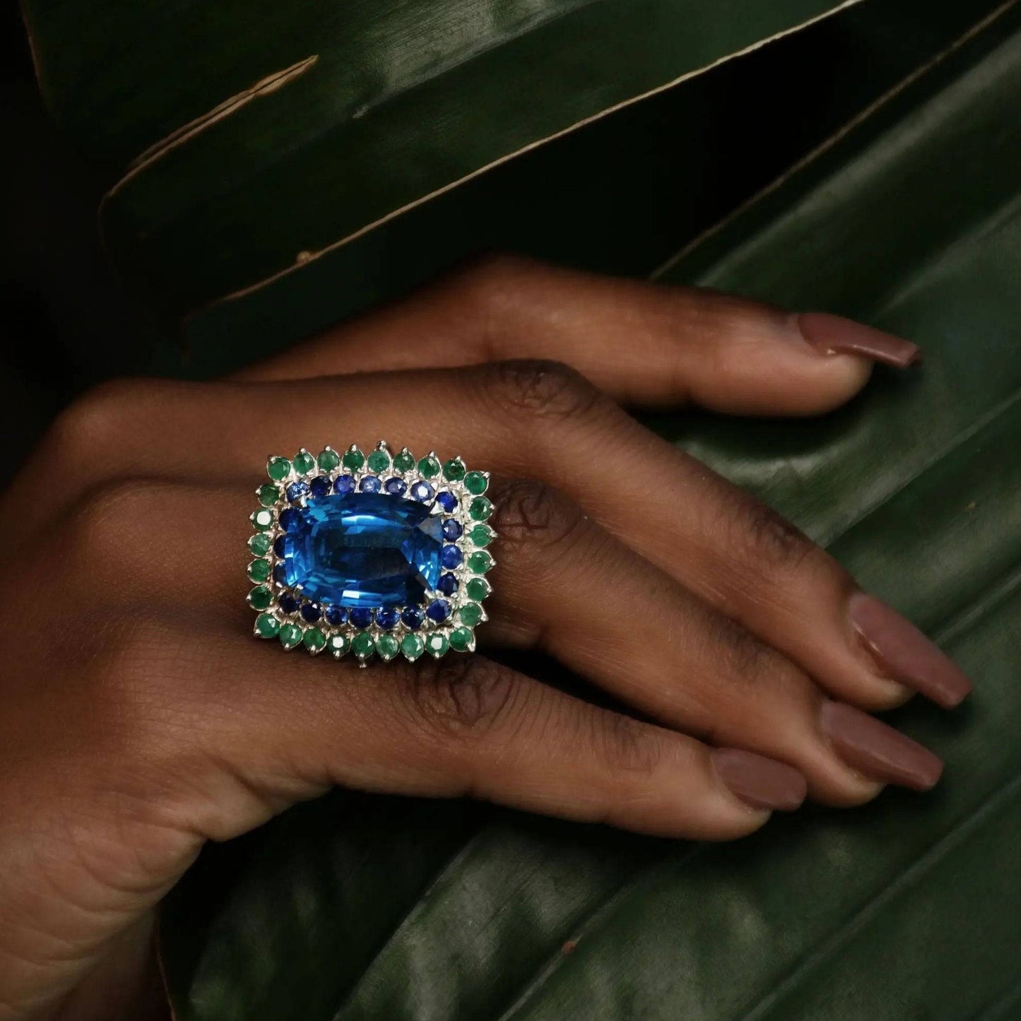 13ct Natural Blue Topaz Emerald & Sapphire Cocktail Ring