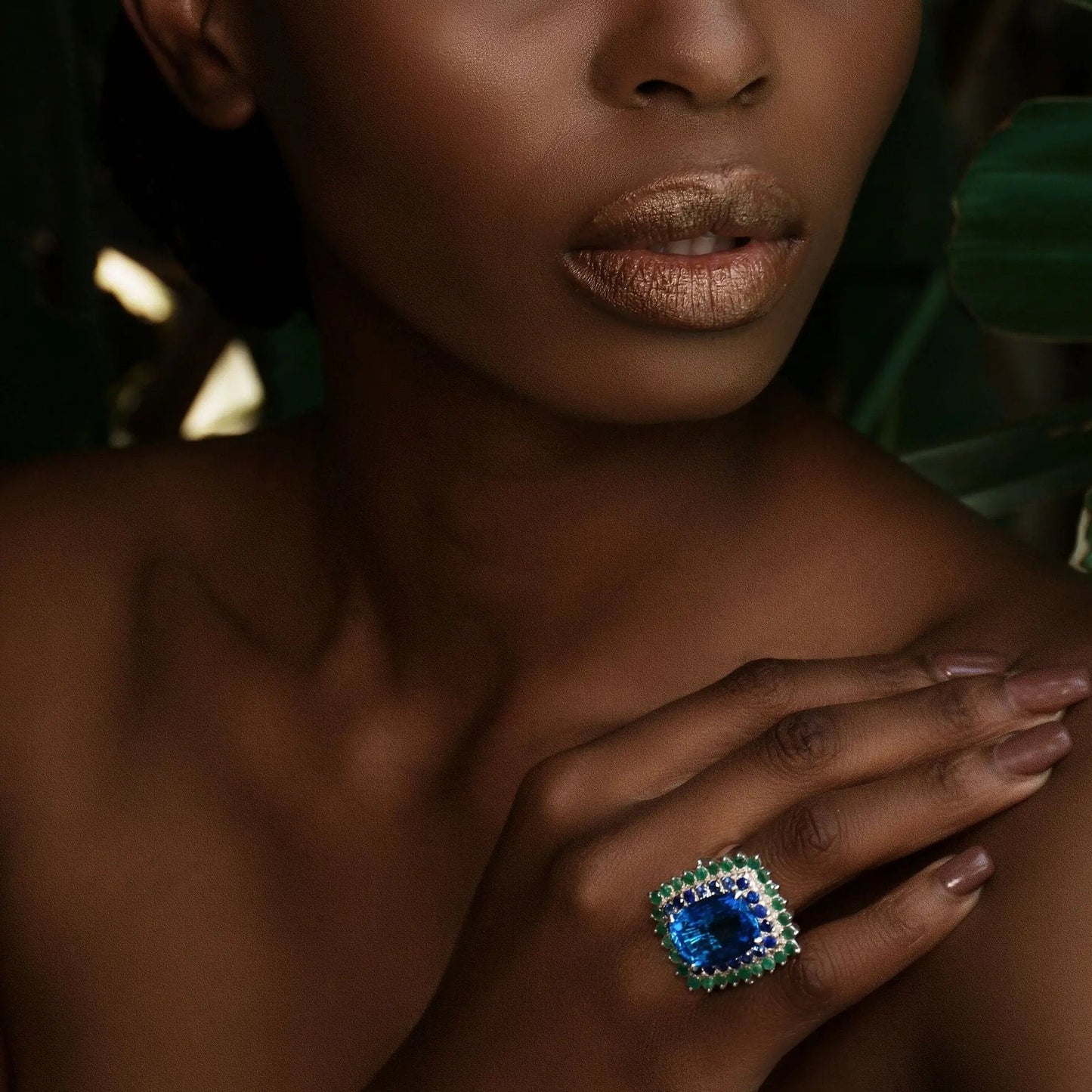 13ct Natural Blue Topaz Emerald & Sapphire Cocktail Ring