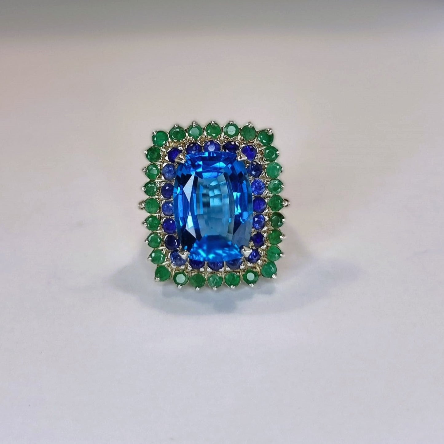 13ct Blue Topaz With Natural Green Emerald & Blue Sapphire Cocktail Ring - Hanna Boya