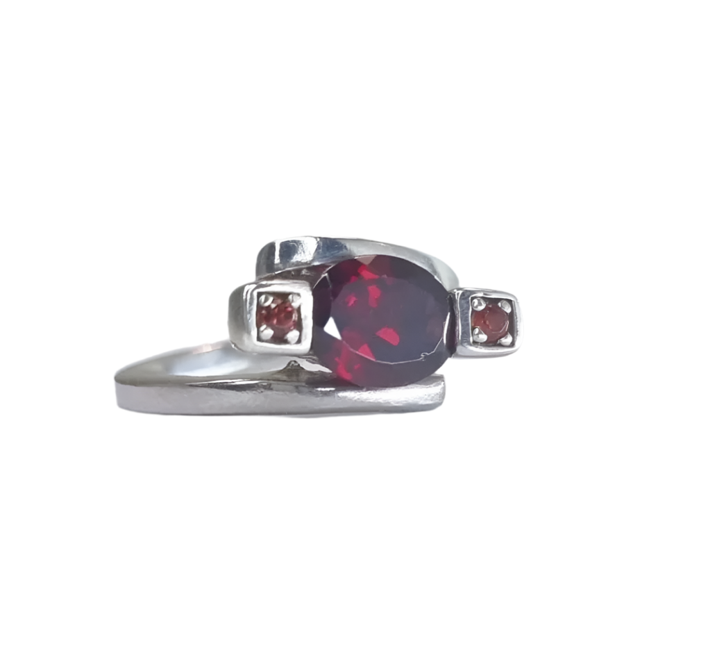 2ct Oval Rhodolite Red Garnet Silver 3 stone Ring - Hanna Boya