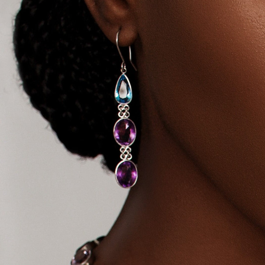 6ctw Blue Topaz Amethyst Dangle Silver Earrings Platinum