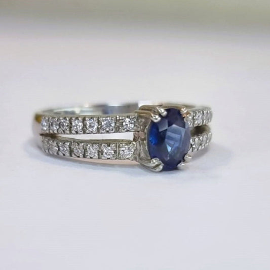 1.5ct Oval Blue Sapphire Double Band  Engagement Ring - Hanna Boya