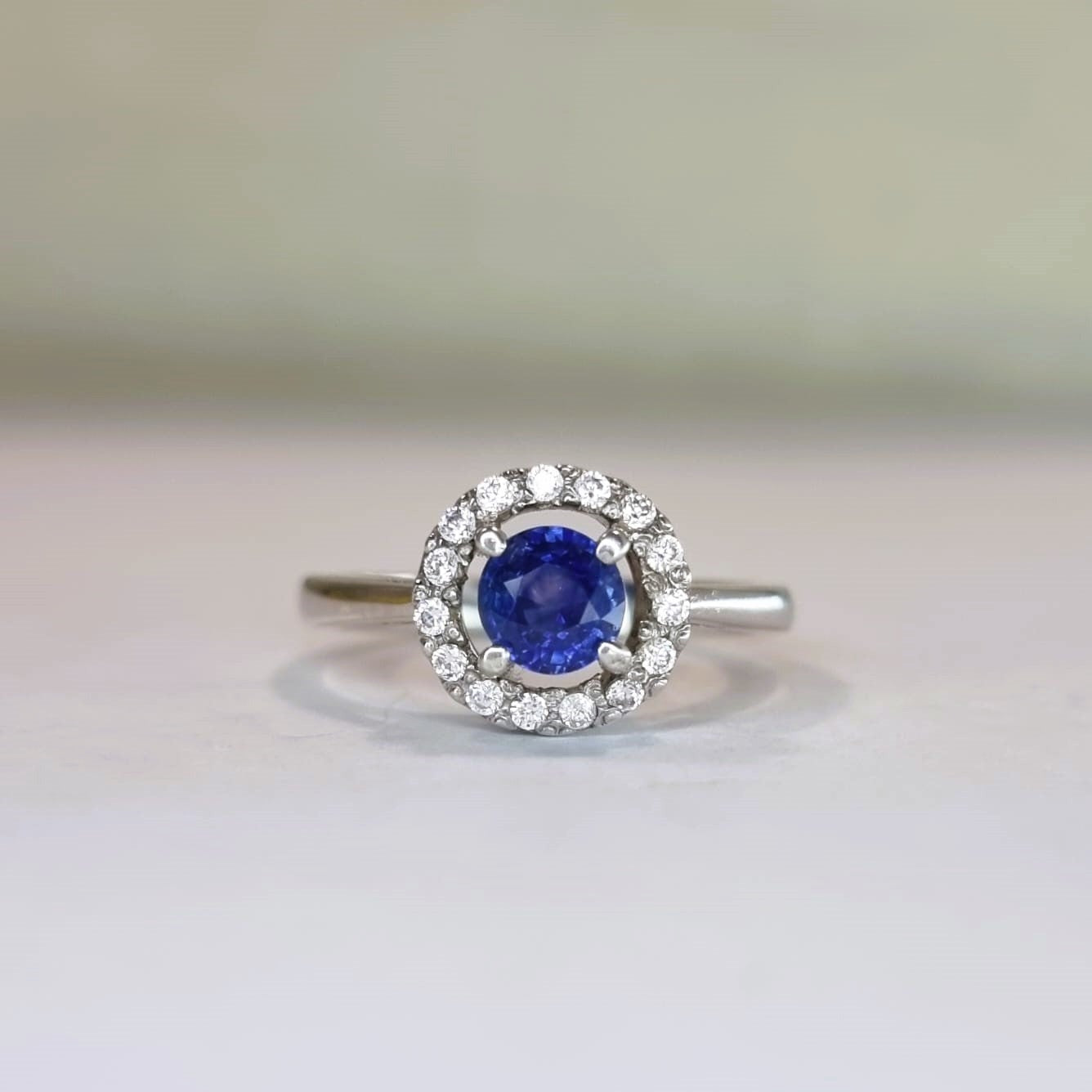 1.5ct Round Natural Blue Sapphire Floating Halo Engagement Ring - Hanna Boya