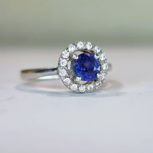 1.5ct Round Natural Blue Sapphire Floating Halo  Engagement Ring - Hanna Boya
