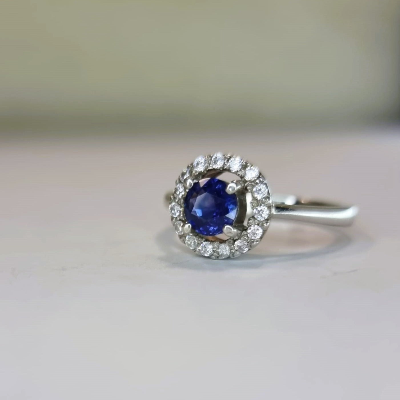 1.5ct Round Natural Blue Sapphire Floating Halo Engagement Ring - Hanna Boya