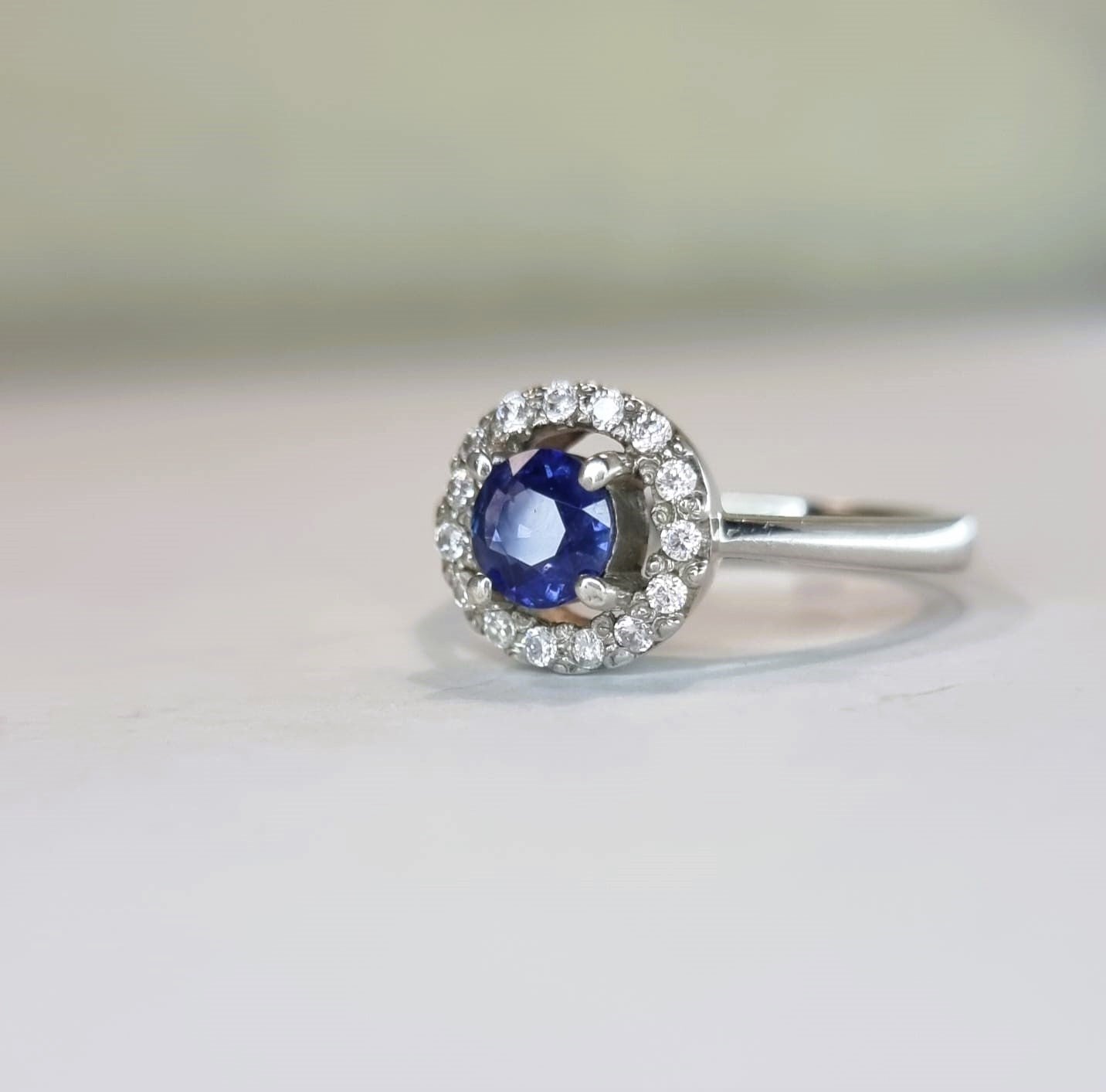 1.5ct Round Natural Blue Sapphire Floating Halo Engagement Ring - Hanna Boya