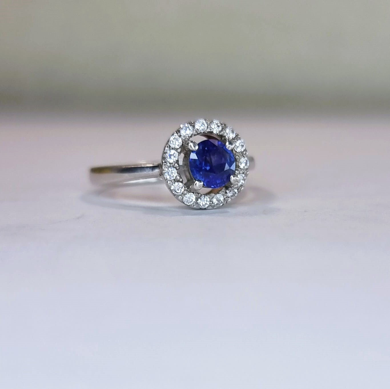 1.5ct Round Natural Blue Sapphire Floating Halo Engagement Ring - Hanna Boya