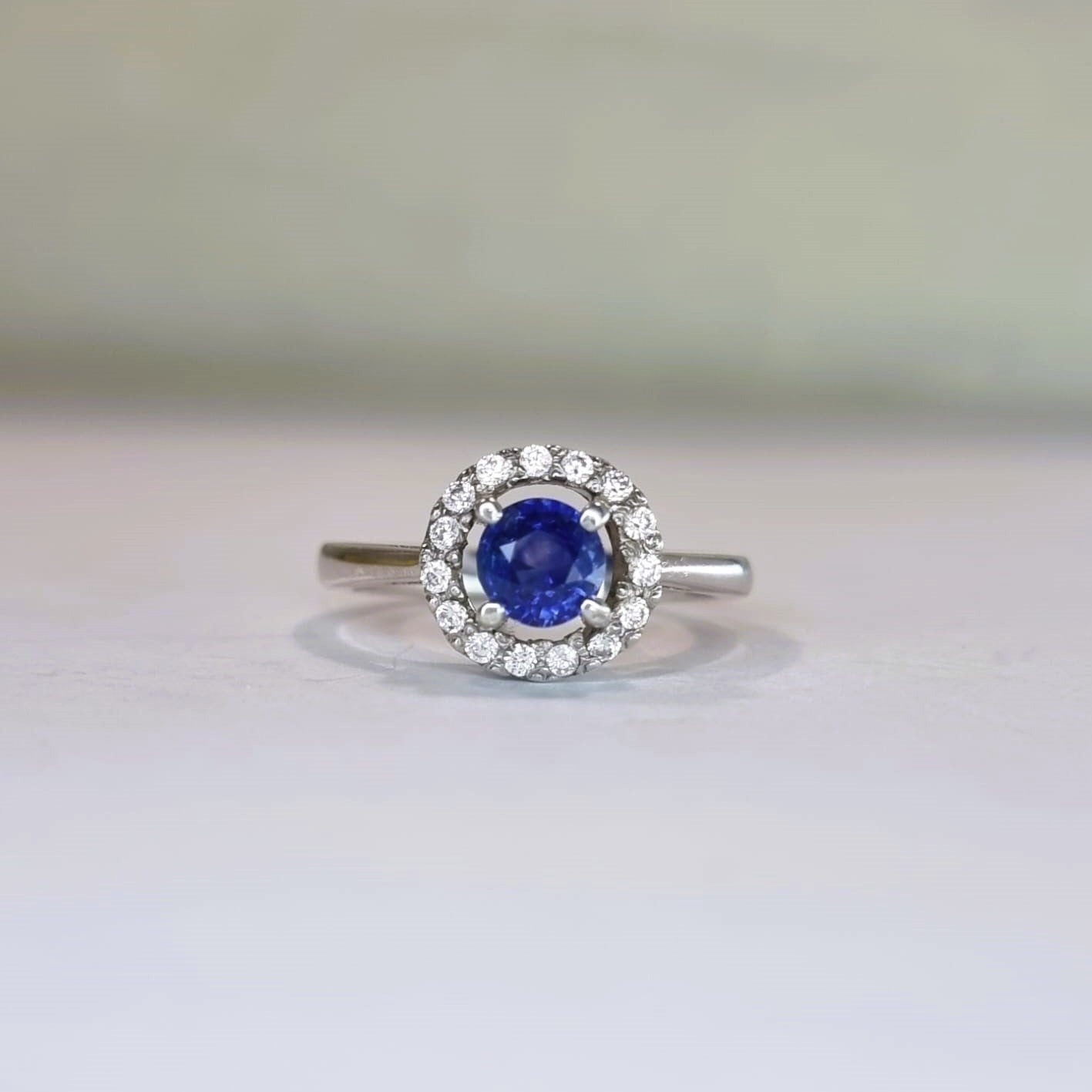 1.5ct Round Natural Blue Sapphire Floating Halo Engagement Ring - Hanna Boya