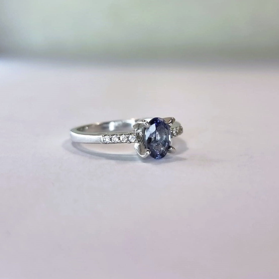 1ct Oval Blue Sapphire with White Zircon Engagement Ring - Hanna Boya
