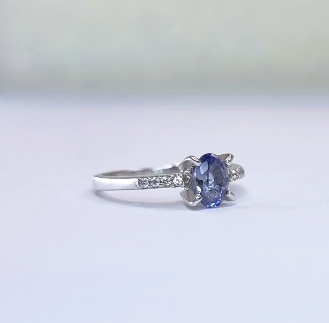 1ct Oval Blue Sapphire with White Zircon Engagement Ring - Hanna Boya