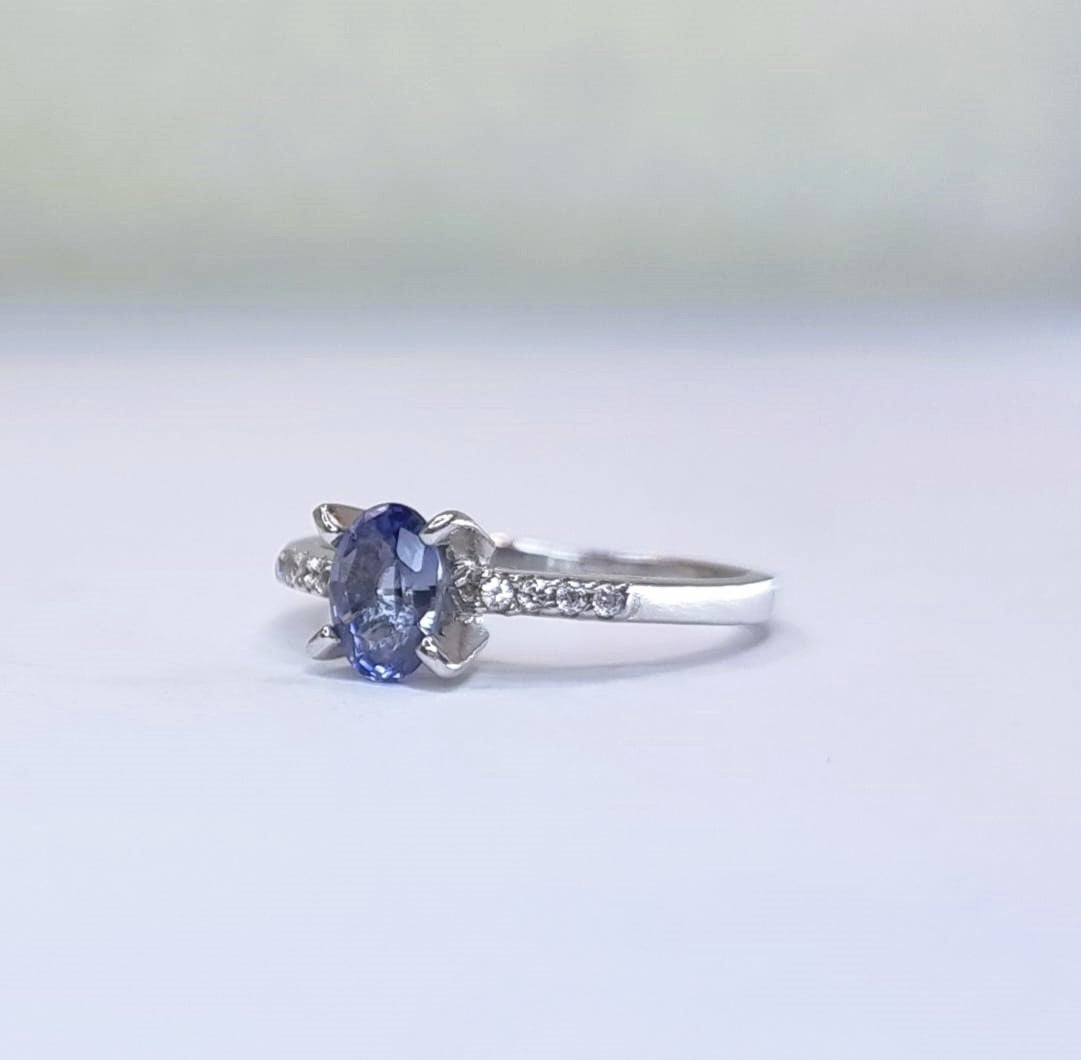 1ct Oval Blue Sapphire with White Zircon Engagement Ring - Hanna Boya