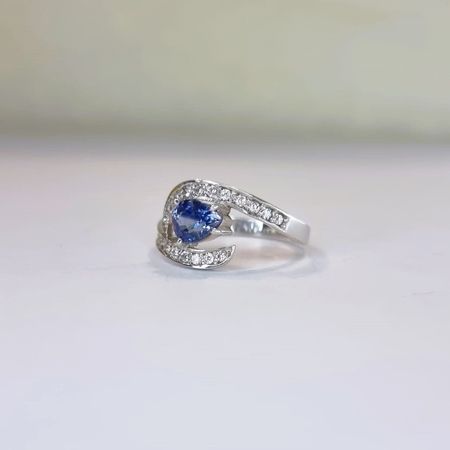 1ct Pear Cut Natural Blue Sapphire Engagement Ring - Hanna Boya
