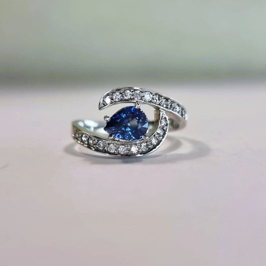 1ct Pear Cut Natural Blue Sapphire Engagement Ring - Hanna Boya