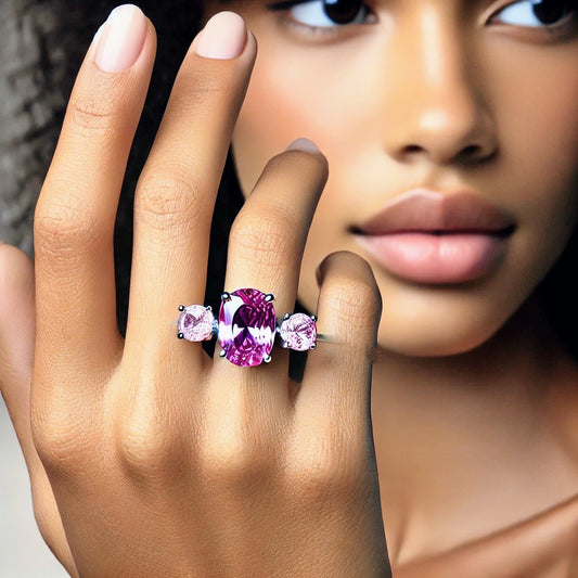Model showcasing a 3-stone natural pink sapphire ring in platinum, a unique jewelry piece that adds elegance and style to any outfit.