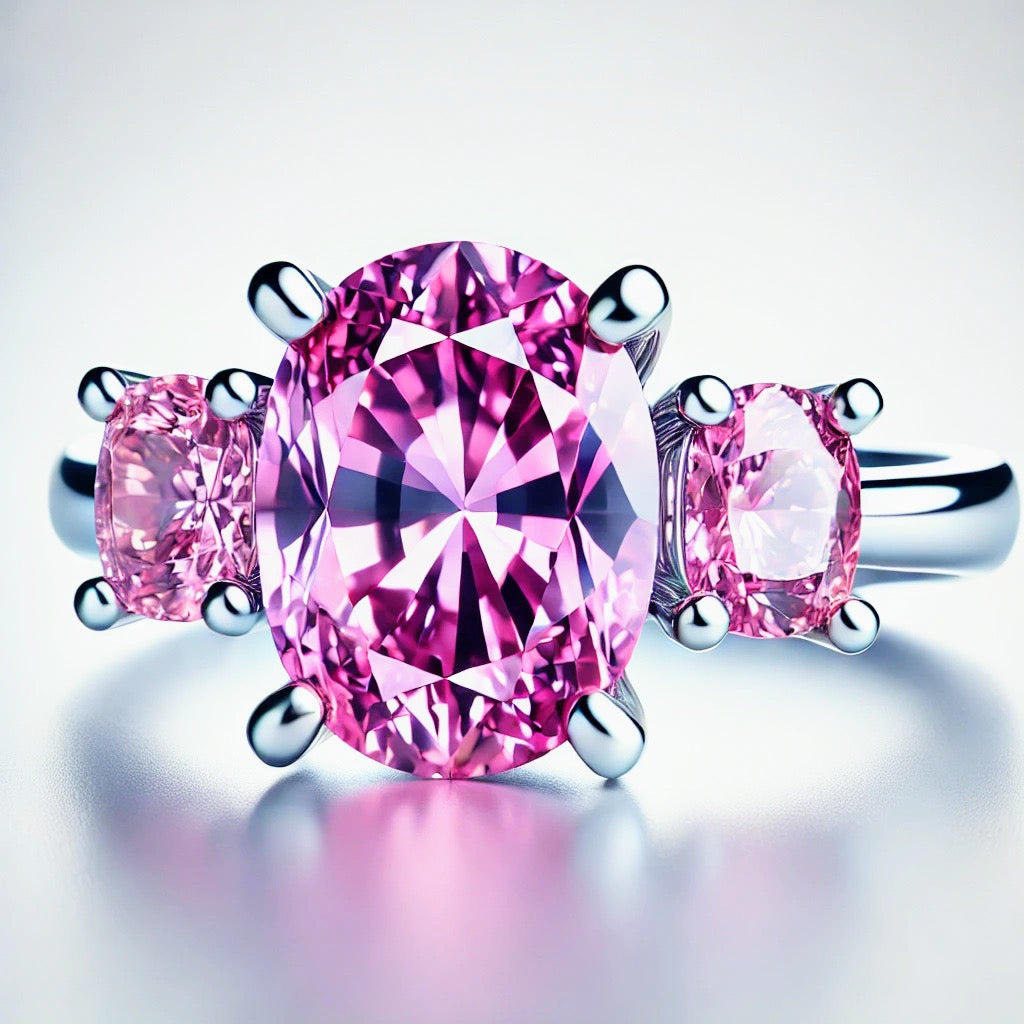 Close-up of a 3-stone natural pink sapphire ring in platinum, highlighting the brilliant sparkle and luxurious design of this unique jewelry piece.