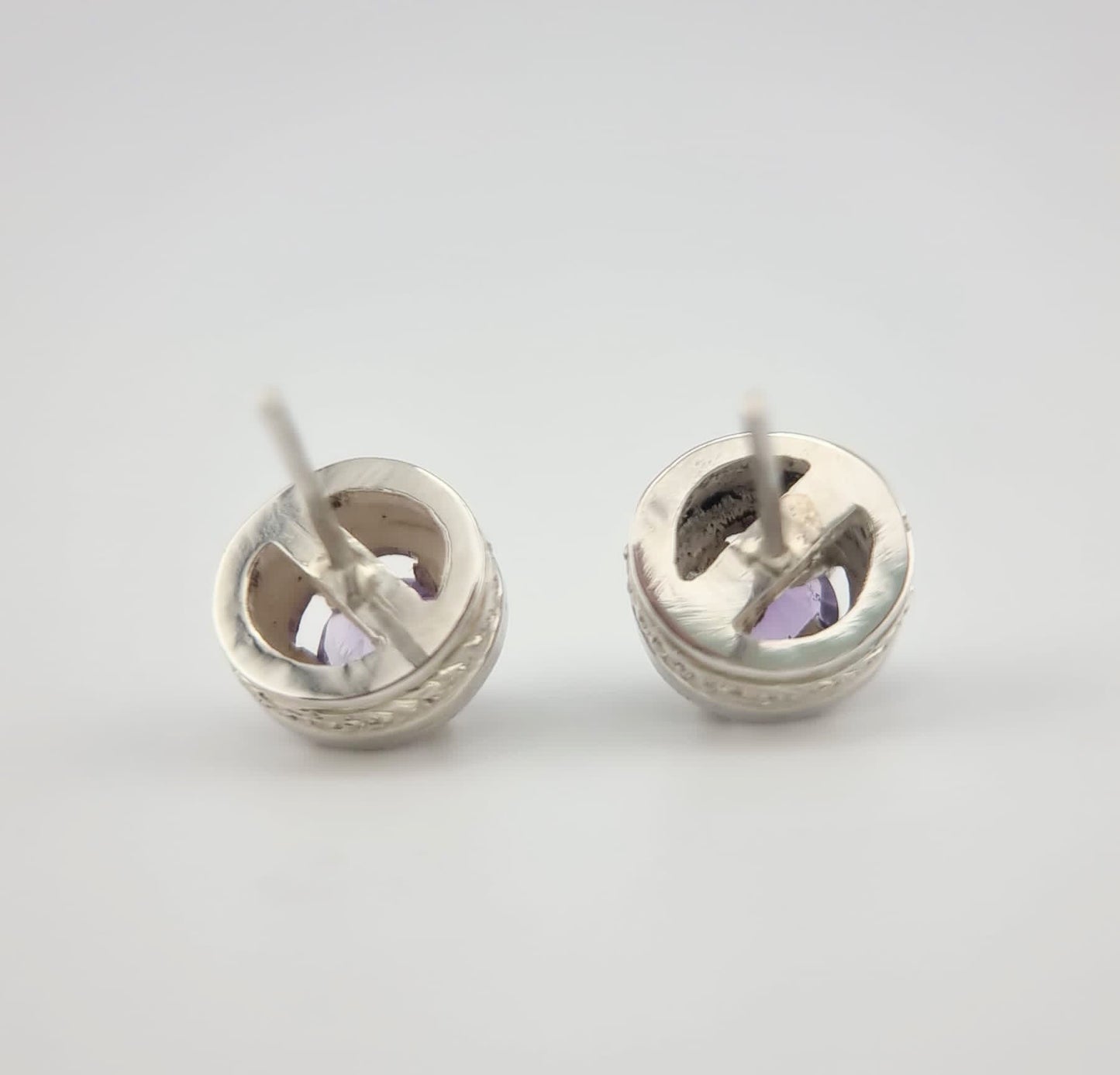 Amethyst Stud Earrings in Textured Sterling Silver - Hanna Boya