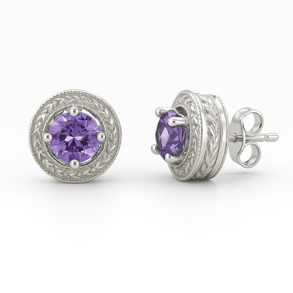 Amethyst Stud Earrings in Textured Sterling Silver - Hanna Boya
