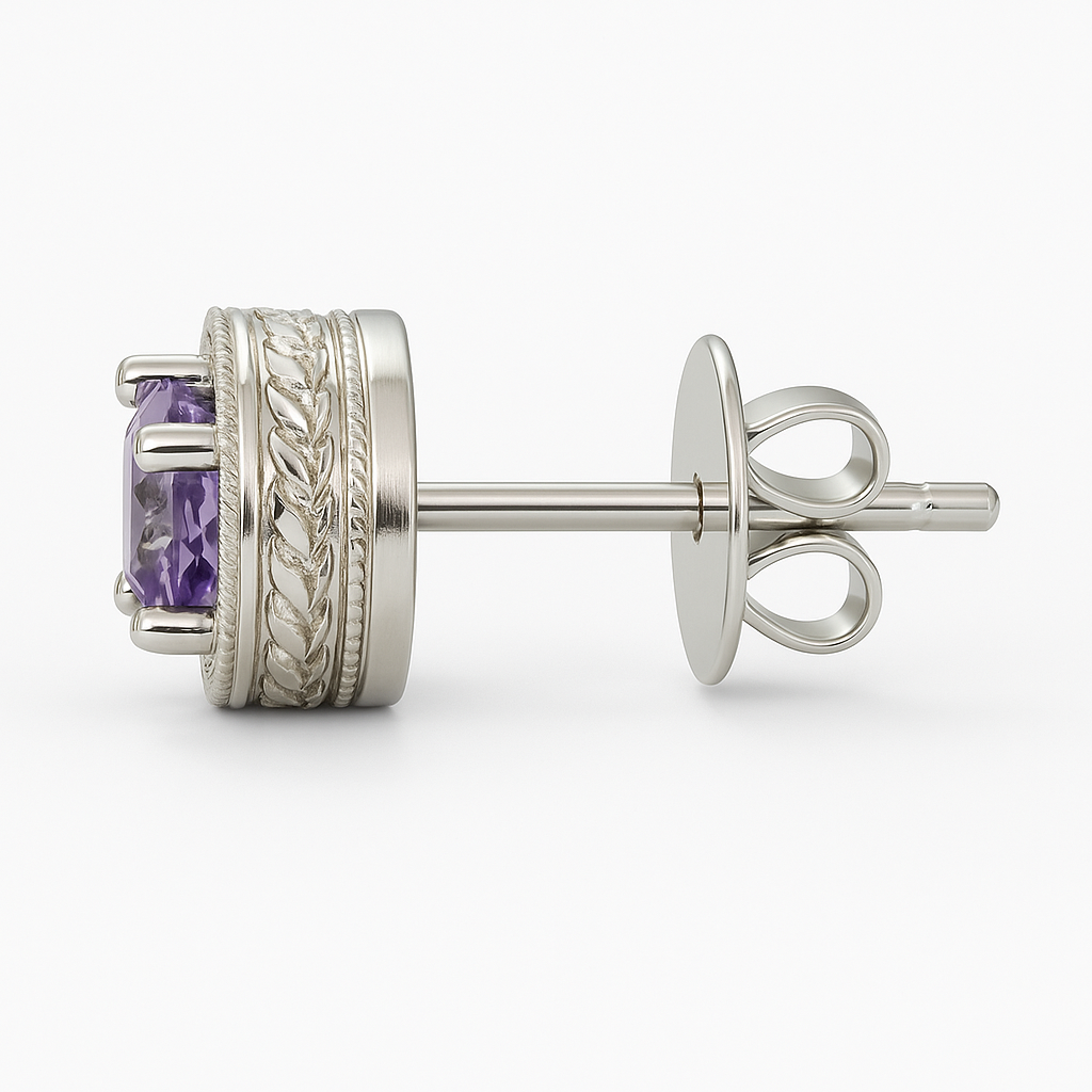 Amethyst Stud Earrings in Textured Sterling Silver - Hanna Boya