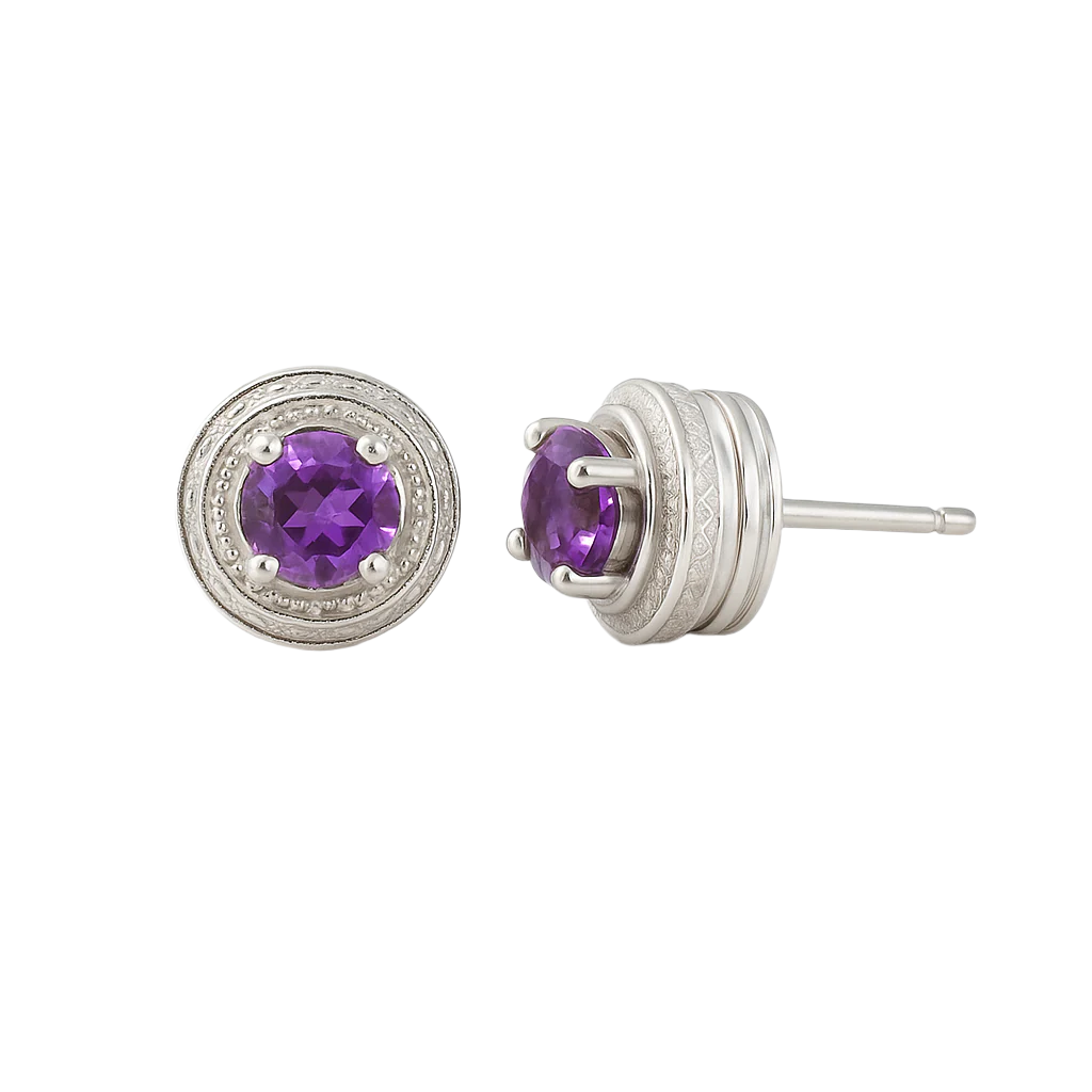 Amethyst Stud Earrings in Textured Sterling Silver - Hanna Boya