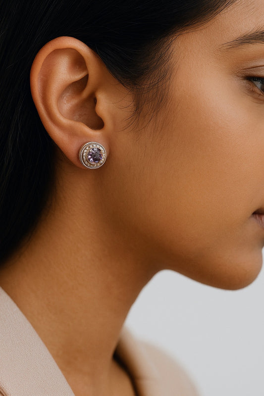 Amethyst Stud Earrings in Textured Sterling Silver - Hanna Boya