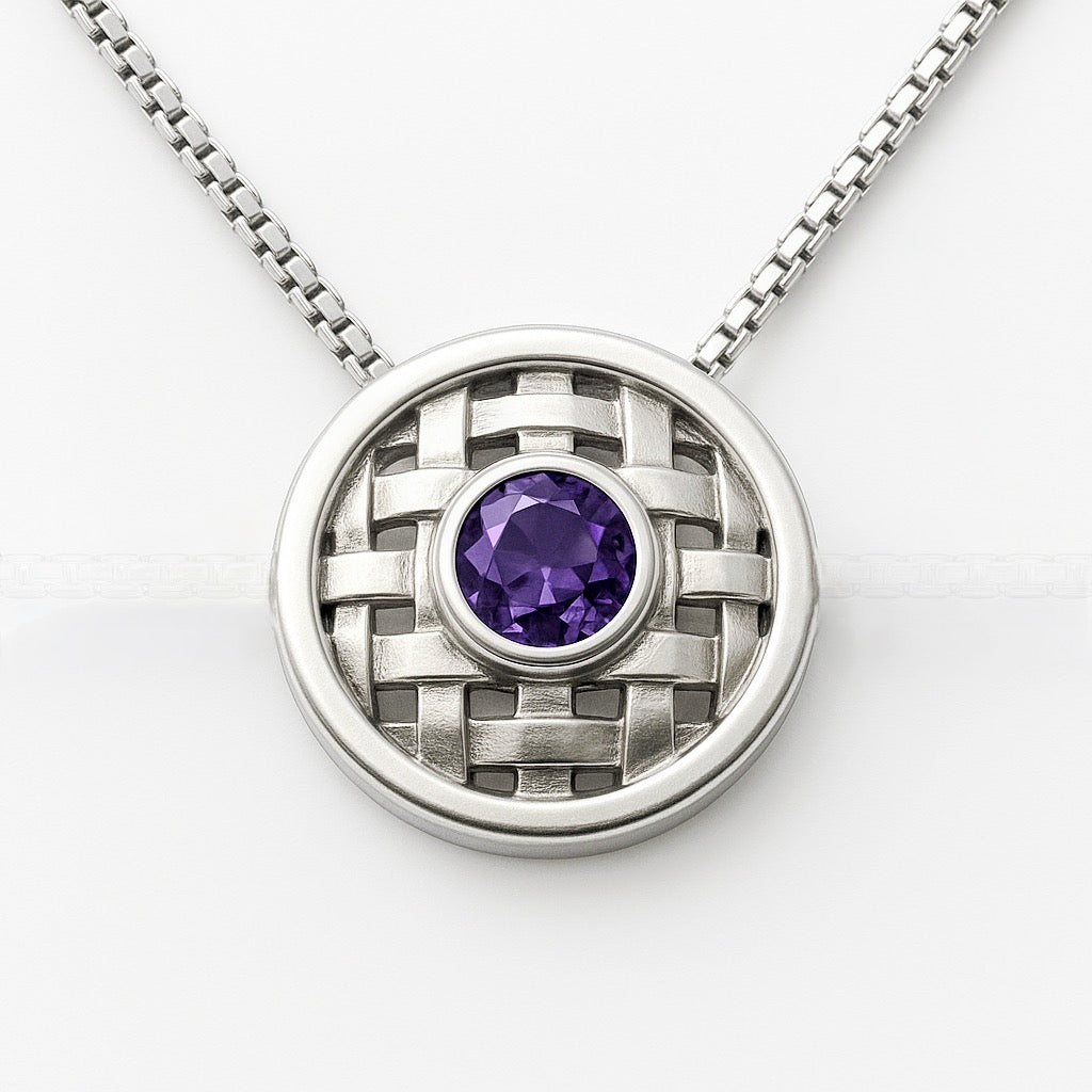 Basotho Amethyst Sterling Silver Basket Weave Pendant Necklace - Hanna Boya