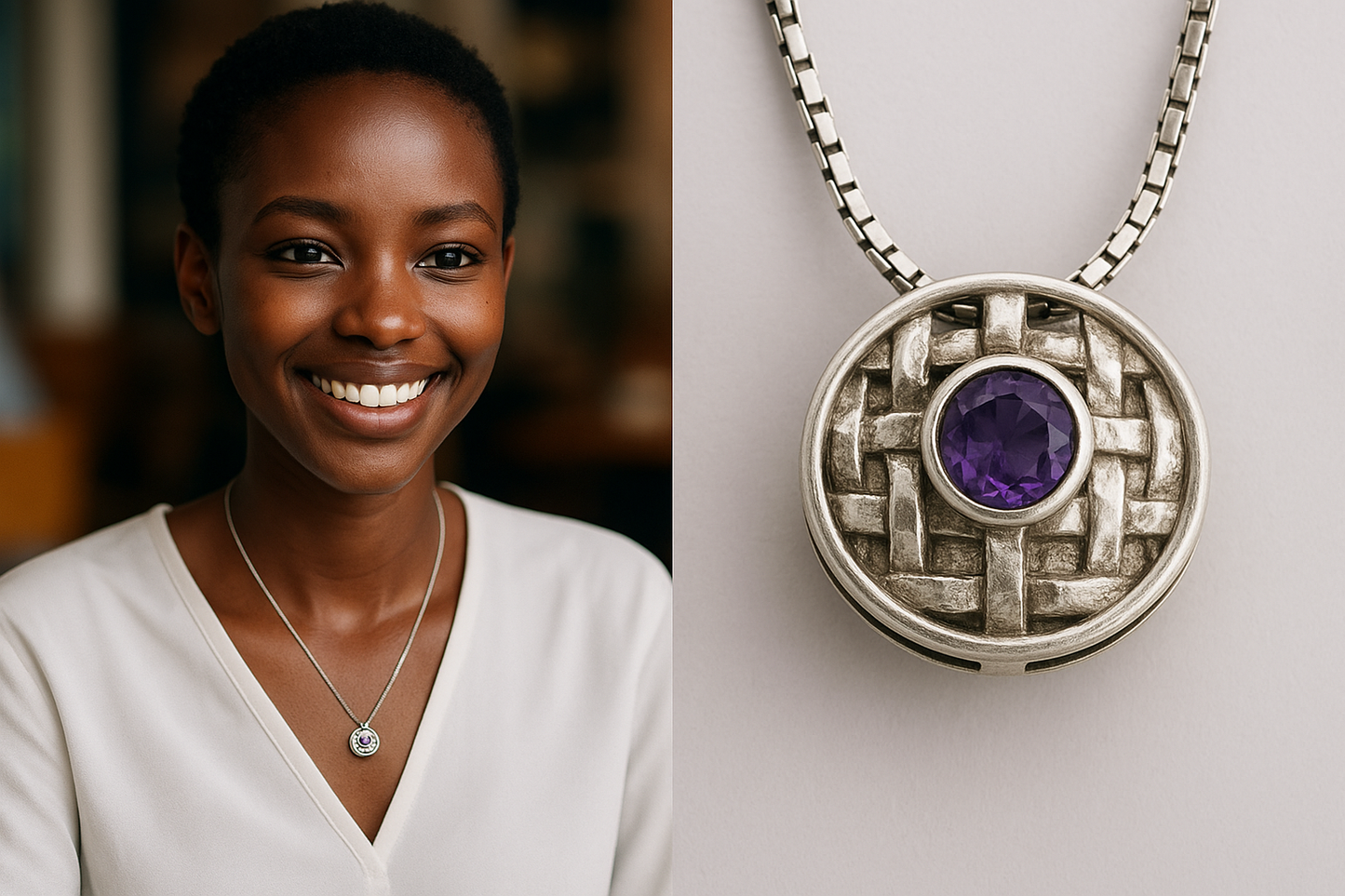 Basotho Amethyst Sterling Silver Basket Weave Pendant Necklace - Hanna Boya