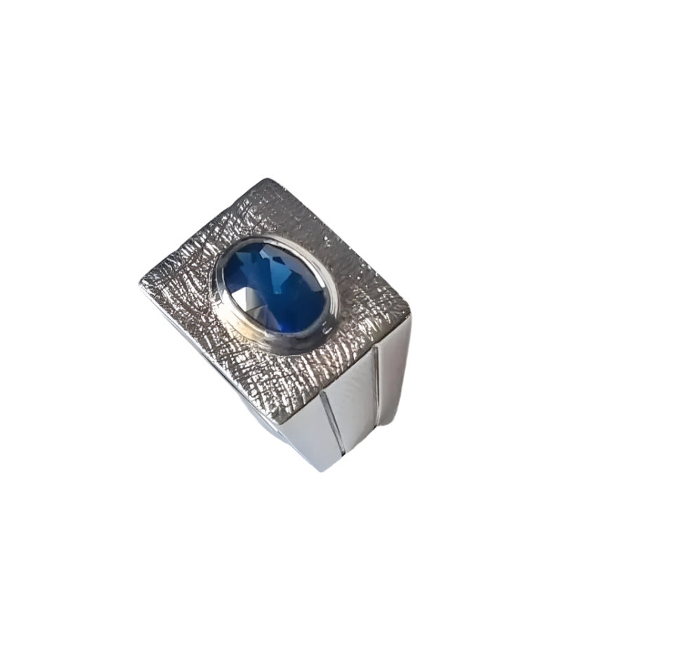 2.34ct Oval Deep Blue Sapphire Rhodium Sterling Silver Signet Ring - Hanna Boya