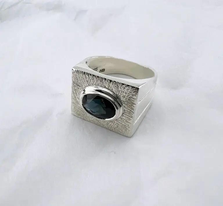 2.34ct Oval Deep Blue Sapphire Rhodium Sterling Silver Signet Ring - Hanna Boya