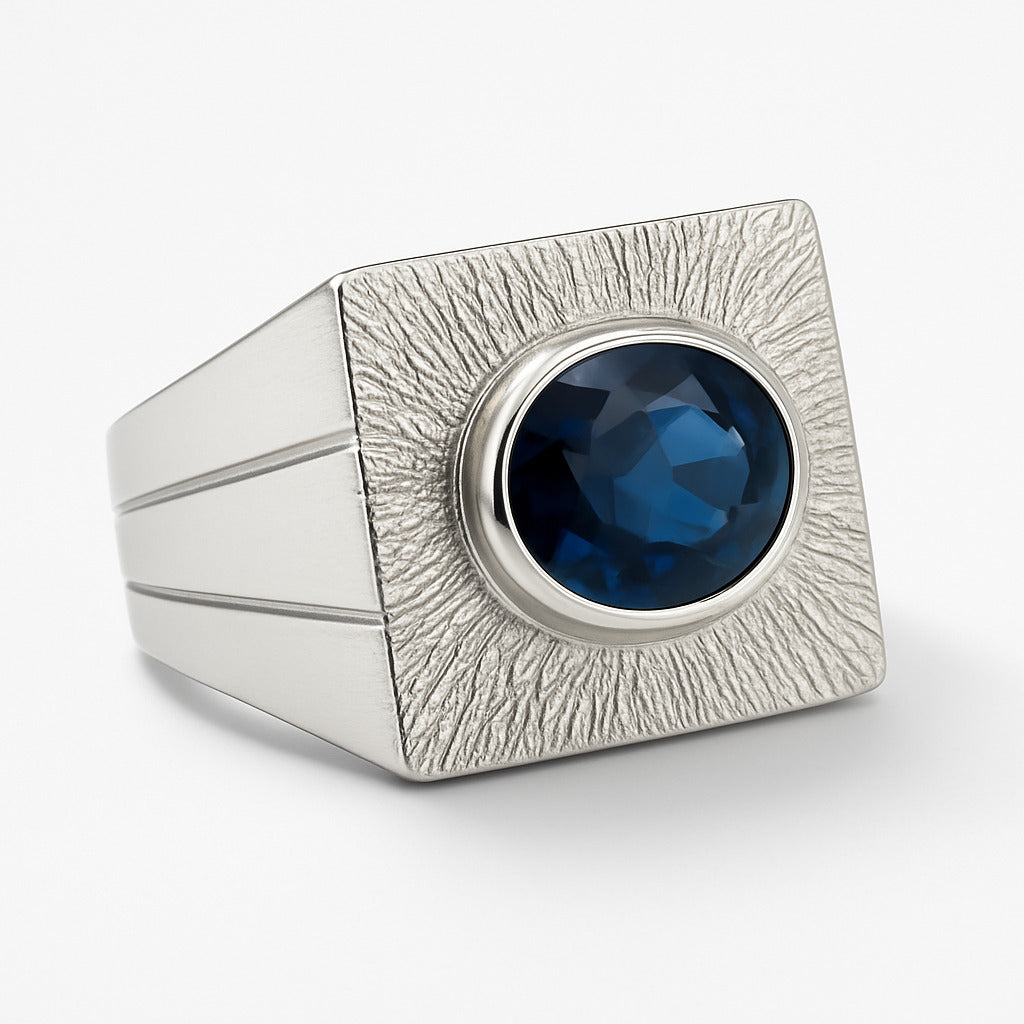 2.34ct Oval Deep Blue Sapphire Rhodium Sterling Silver Signet Ring - Hanna Boya