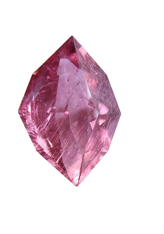 Unique 3.89ct marquise reddish pink tourmaline gemstone with a faceted cut, showcasing its vibrant hues and organic inclusions.