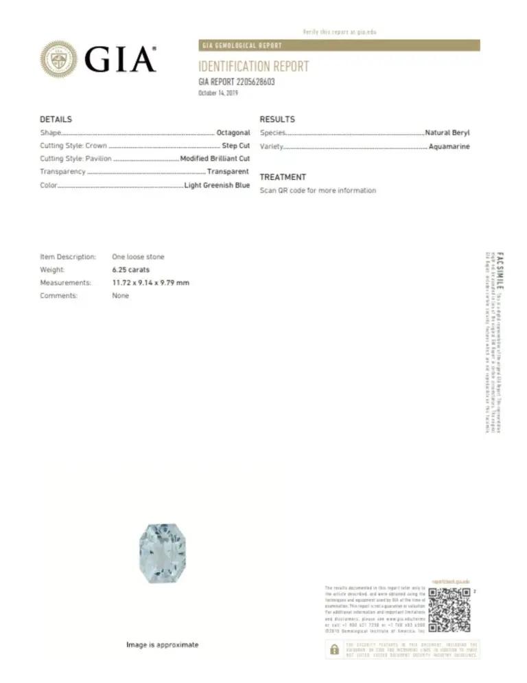 GIA Certified 6.25ct Octagonal Blue Aquamarine Gemstone