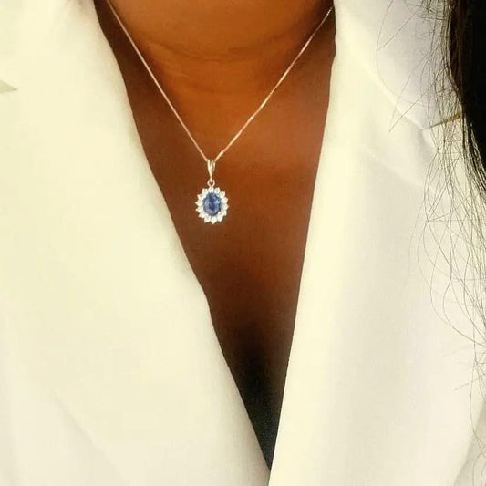 1.5ct Oval Natural Blue Sapphire Platinum Silver Pendant