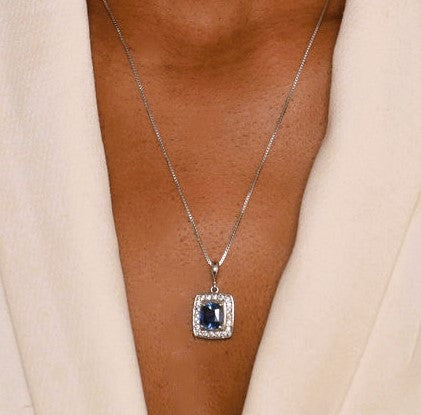 2.5ct Square Natural Blue Sapphire Platinum Silver Pendant