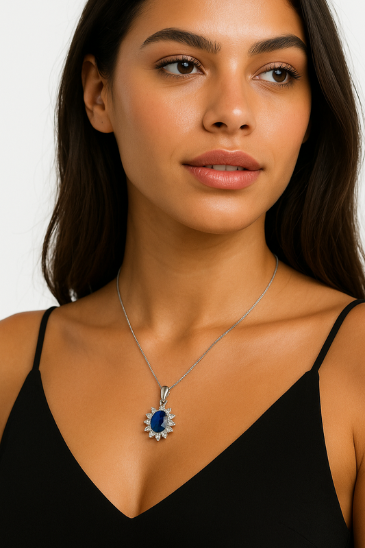 2ct Oval Natural Blue Sapphire  Platinum Silver Pendant Necklace - Hanna Boya