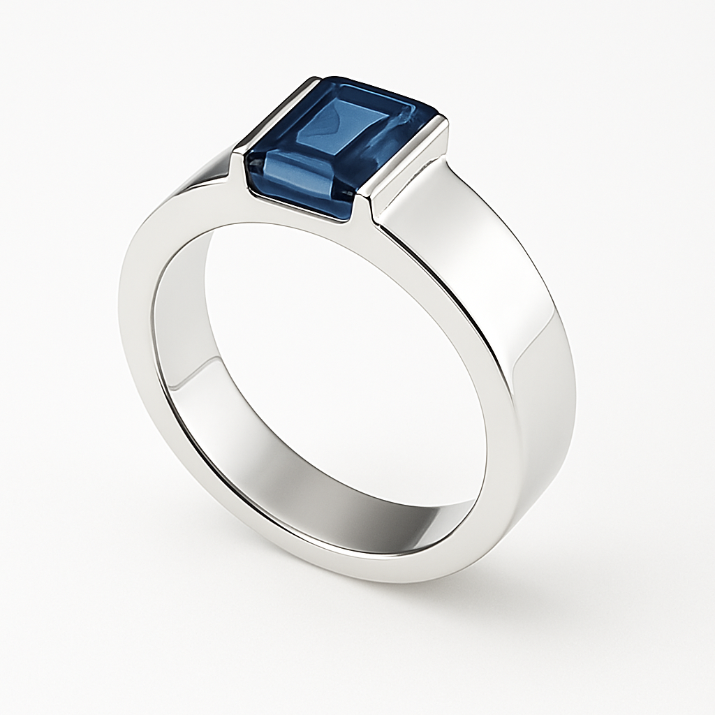 Hanna Boya | Ethical 2ct Rectangular Blue Sapphire Men’s Dome Ring – Platinum-Coated Silver – Sleek Modern Fit – No Heat, No Chemicals - Hanna Boya